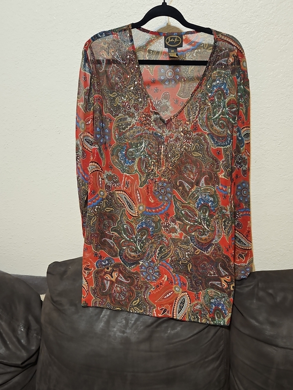 Red Paisley Sheer V-Neck Blouse with Embellished Neckline